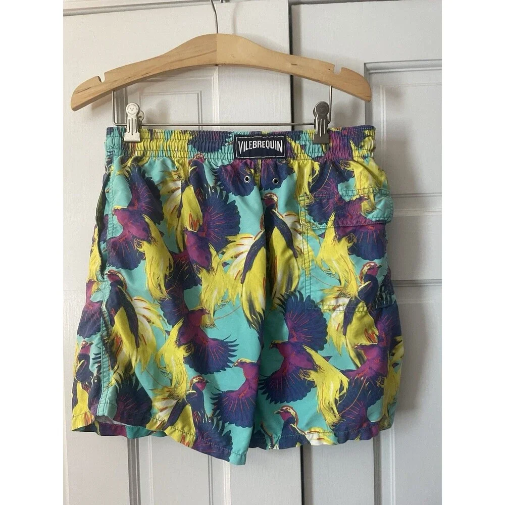 Vilebrequin Saint-Tropez Men's Swim Shorts Large Teal Purple Yellow Birds